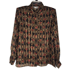 Vintage Yves St Clair 2 Button Up Top Sheer Blouse Diamond Black Gold Red Sz 14W